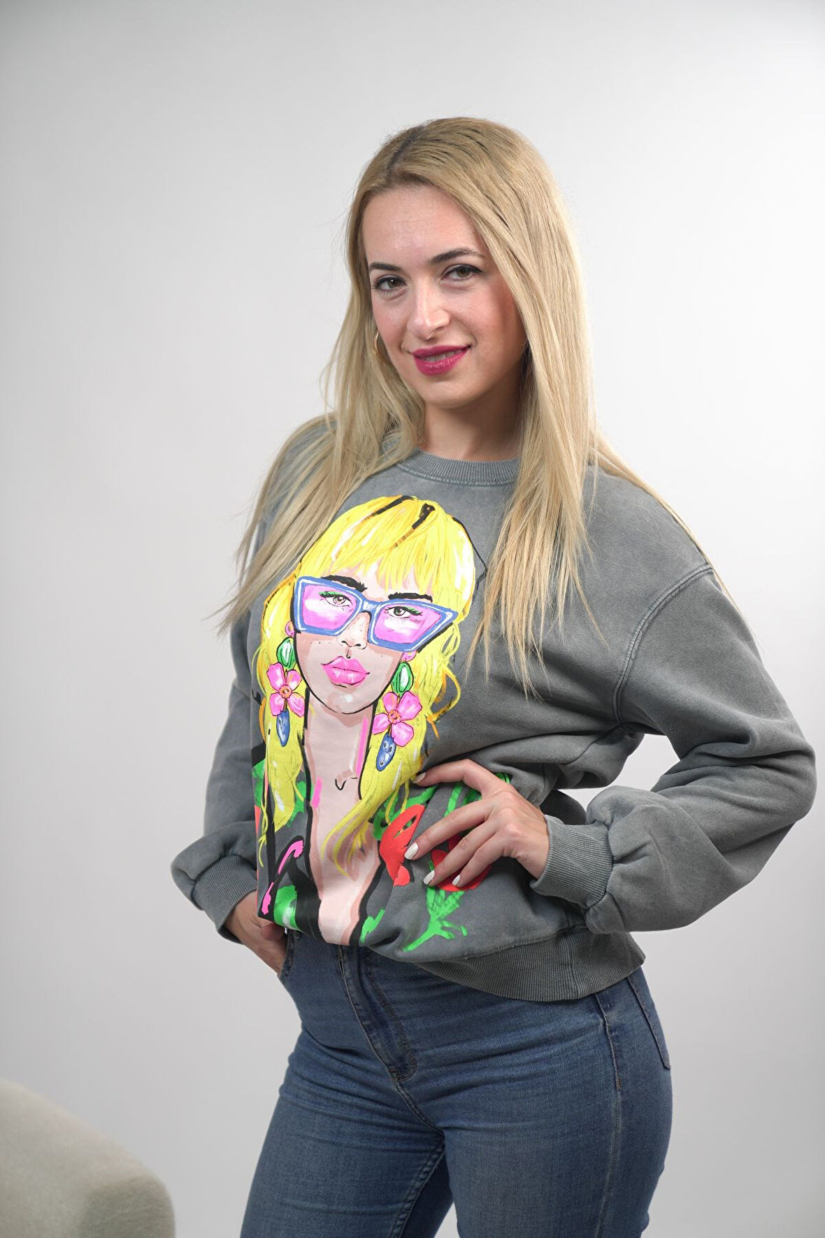 Kadın Oversize Sweatshirt Bisiklet Yaka Baskılı İçi Şardonlu