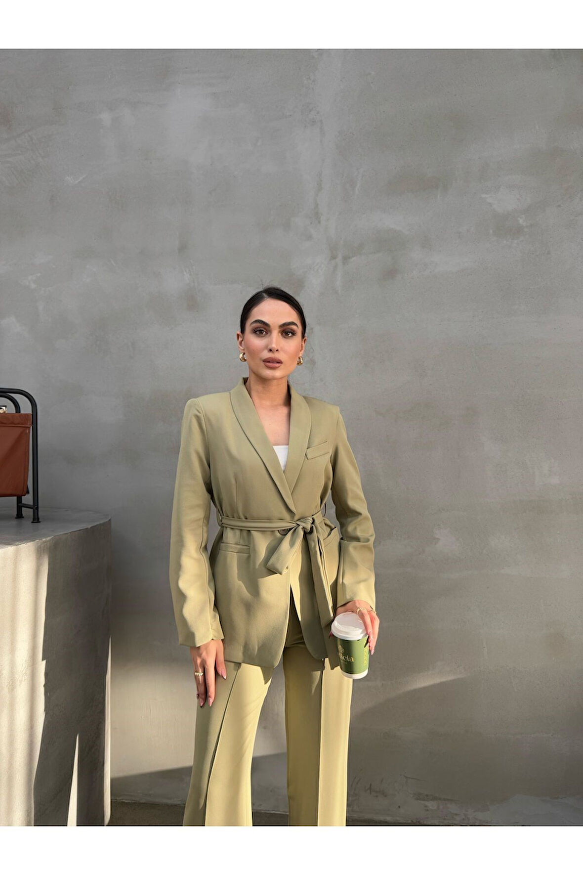 Kadın Ikili Kuşaklı Blazer Ceket Pantolon Takım