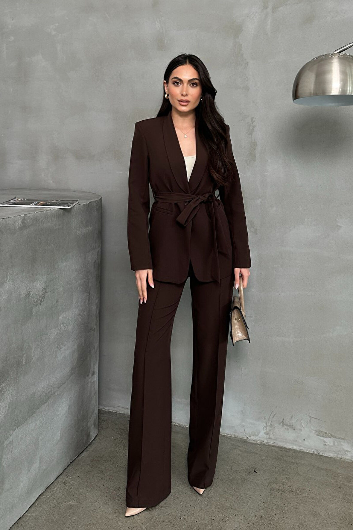 Kadın İkili Kuşaklı Blazer Ceket Pantolon Takım