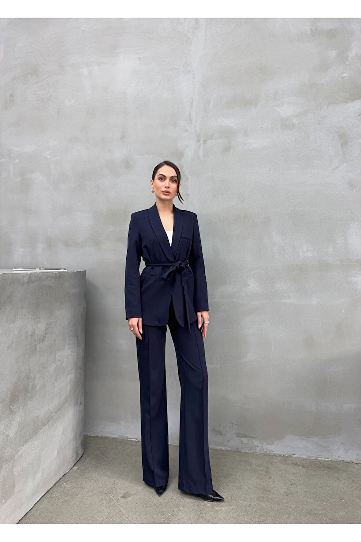 Kadın Ikili Kuşaklı Blazer Ceket Pantolon Takım