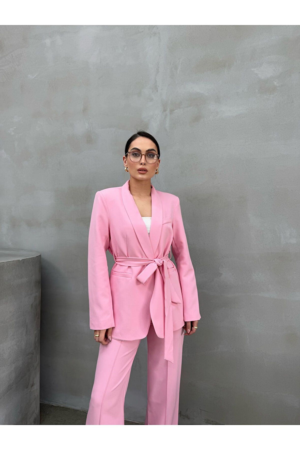 Kadın Ikili Kuşaklı Blazer Ceket Pantolon Takım