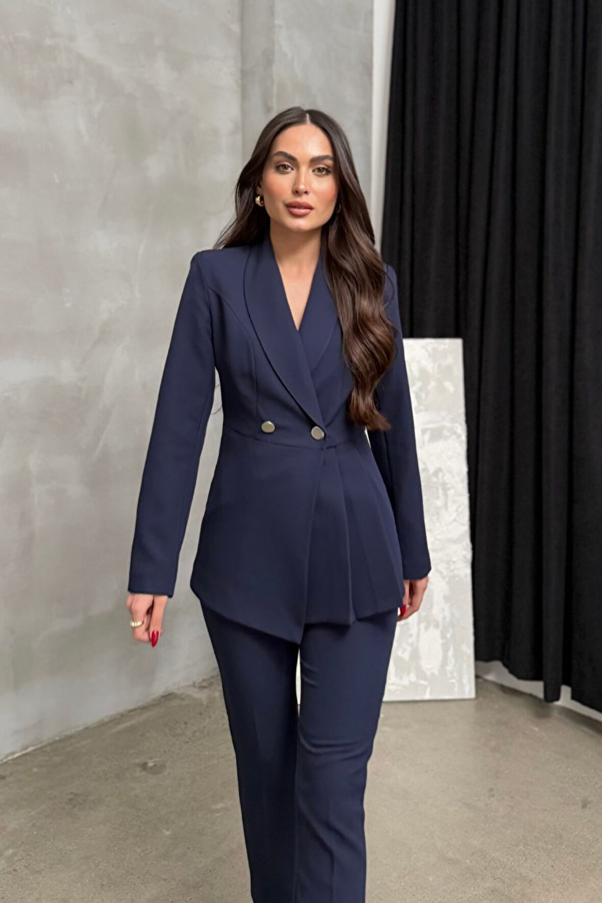 Kadın İkili Blazer Ceket Pantolon Takım Pile ve Düğme Detaylı Boru Paça