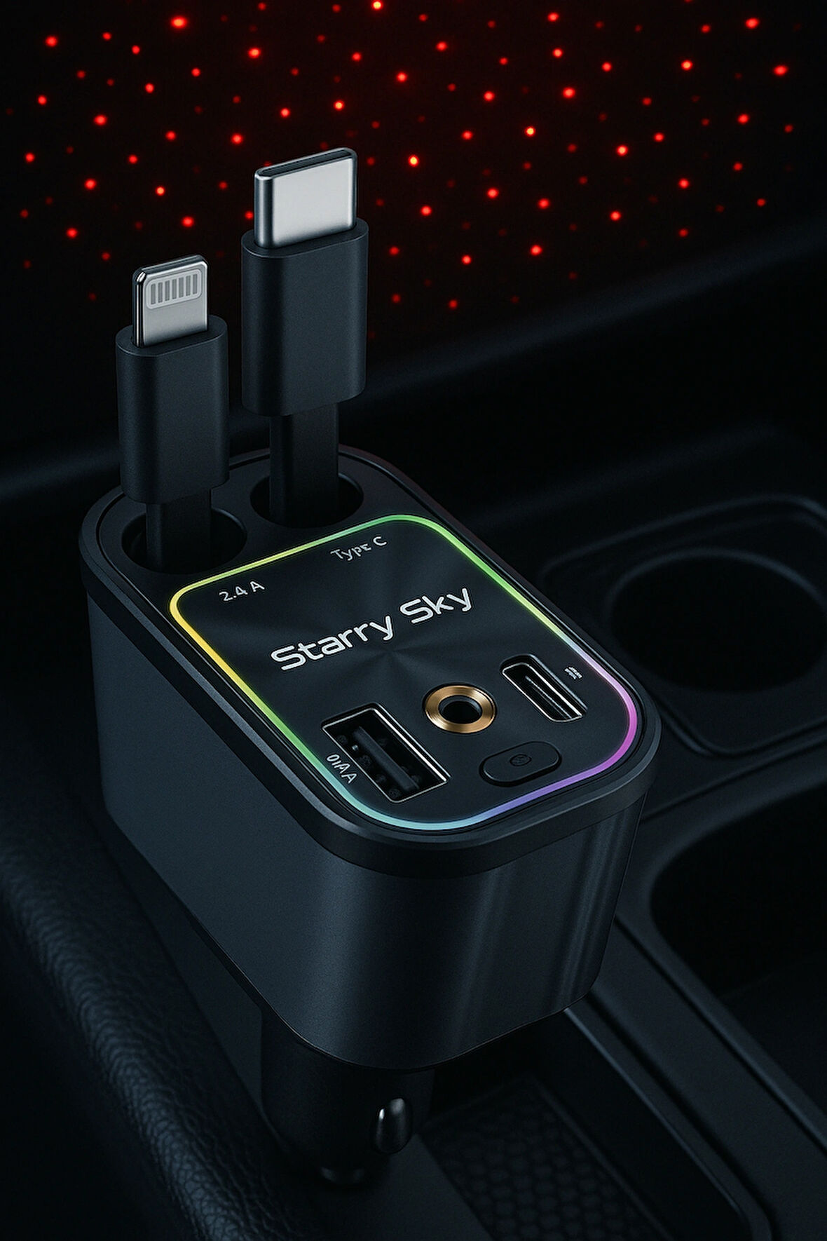 66W RGB Işıklı Araç Şarj Cihazı – 4'ü 1 Arada Type-C & Lightning Kablo, Çift USB, Hızlı Şarjlı