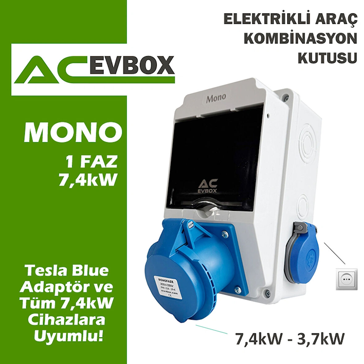 Acevbox Mono Kombinasyon Kutusu- Monofaze Altyapıya Uygun, Tesla Blue Adap. ve 7,4 Mobil Cihazlara uyumlu