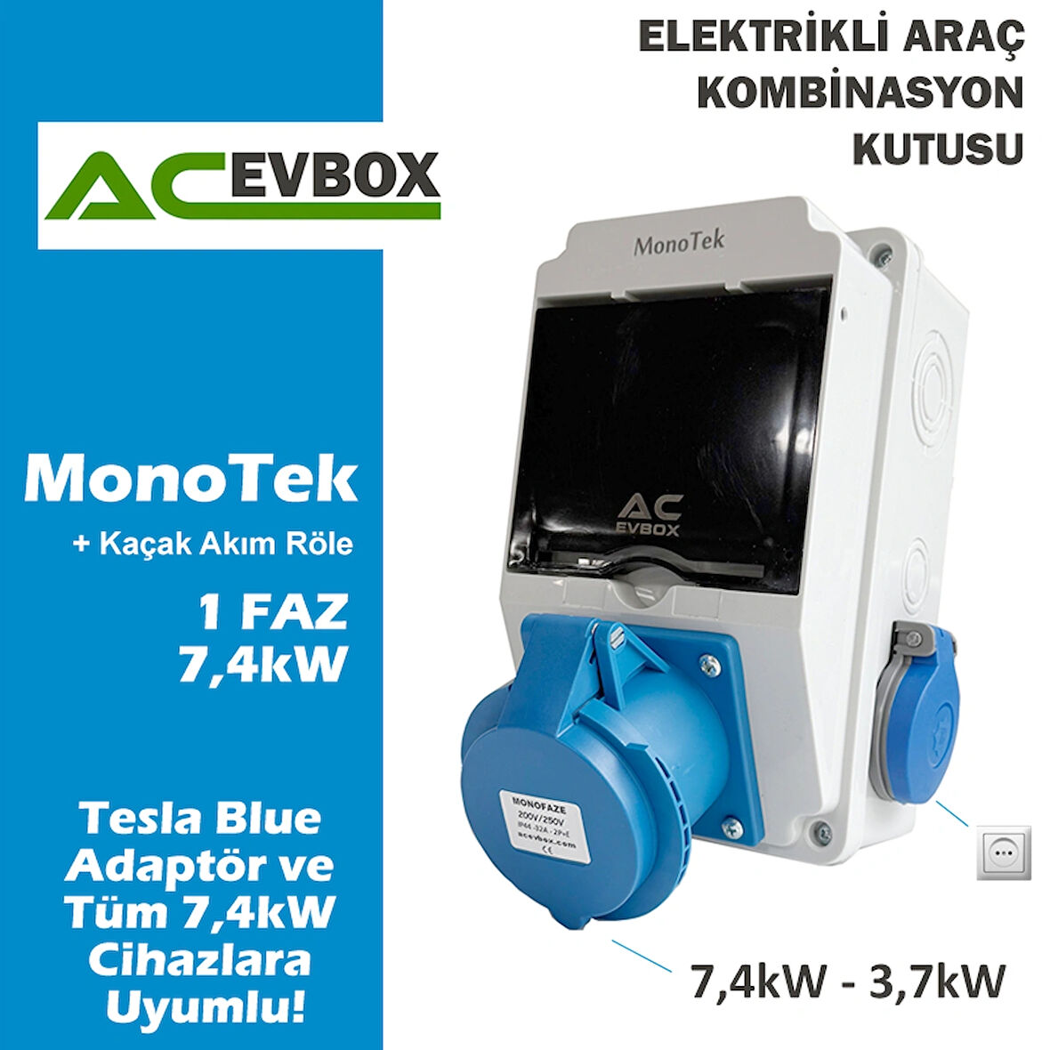 Acevbox Monotek Kombinasyon Kutusu, Monofaze Altyapıya Uygun,tesla Blue Adaptör ve Tüm 7,4kw Mobil Cihazlar