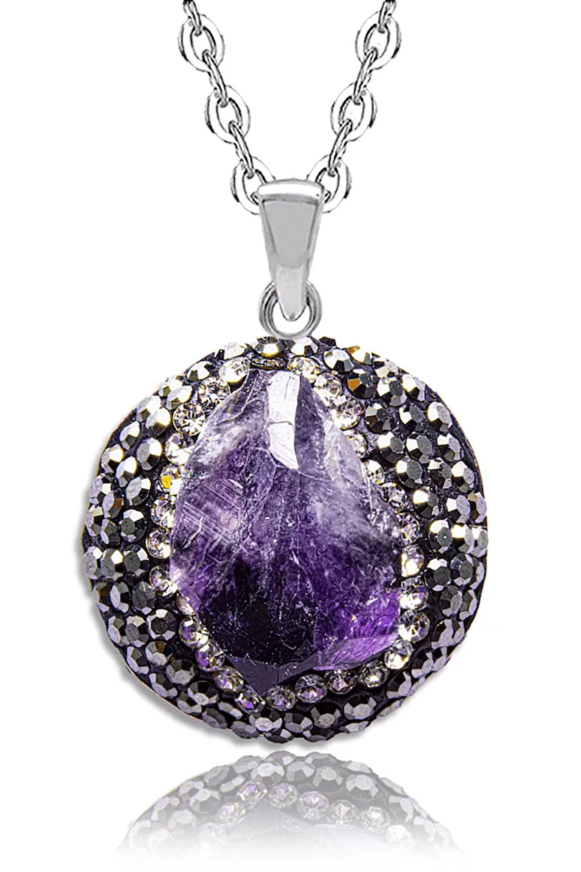 Sertifikalı Yüksek Kalite Zirkonlu Doğal Ametist Taşı Kolye