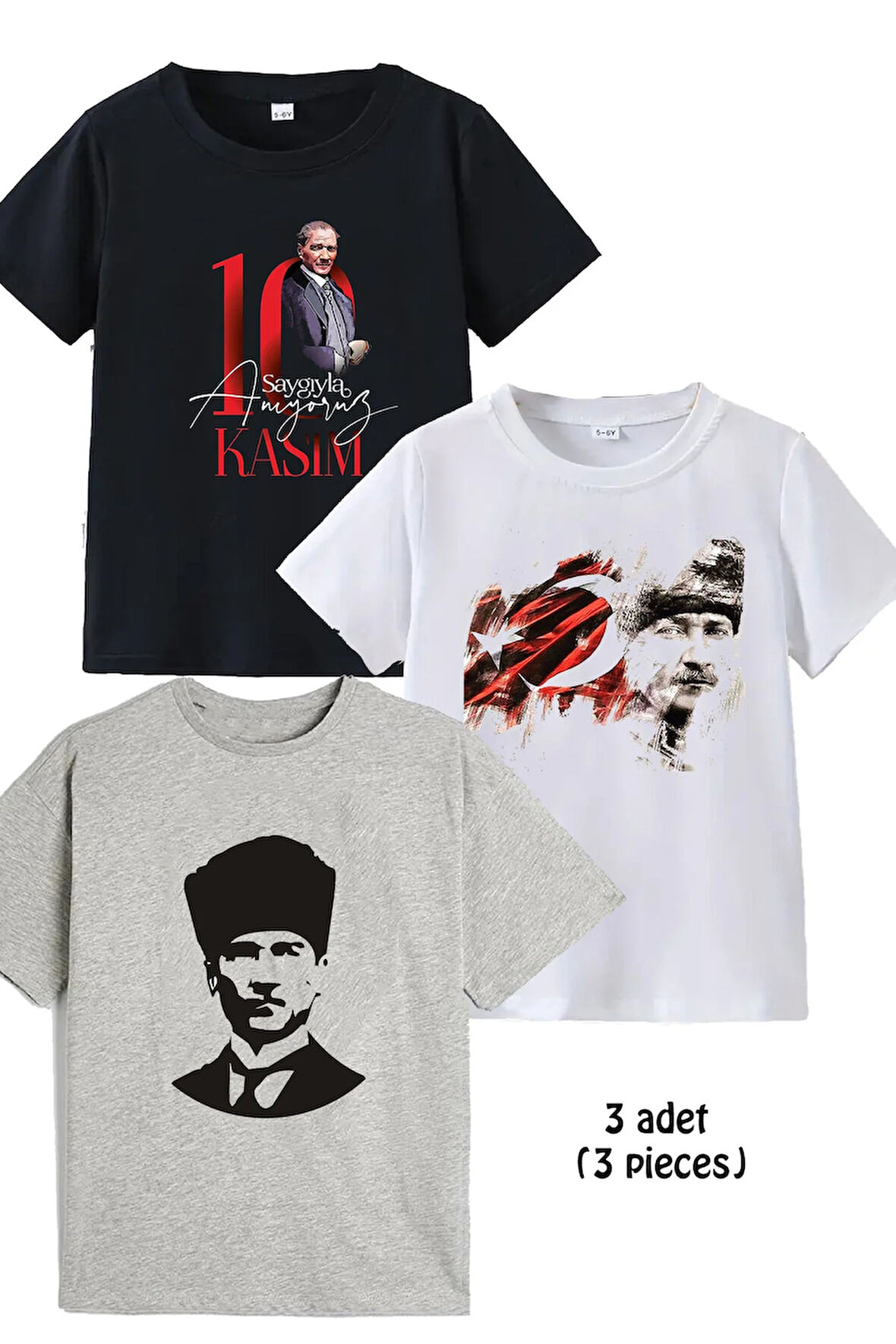 Tekli ve 3lü Pamuk Kız Erkek Çocuk Atatürk Baskılı Tshirt Tişört 5 6 7 8 9 10 11 12 13 14 yaş