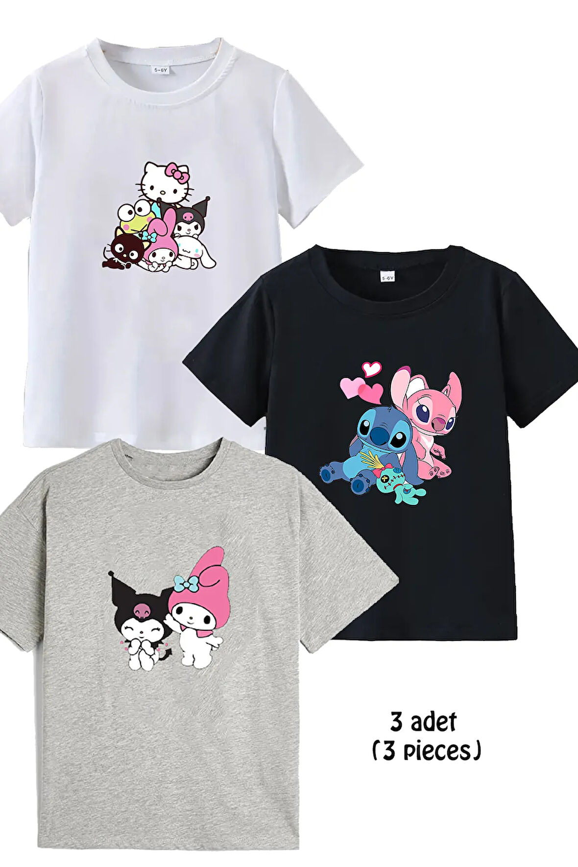 3lü Kaliteli Pamuk Penye Kız  Çocuk Baskılı Tshirt 5 6 7 8 9 10 11 12 13 14 yaş Lilo Kuromi Hello