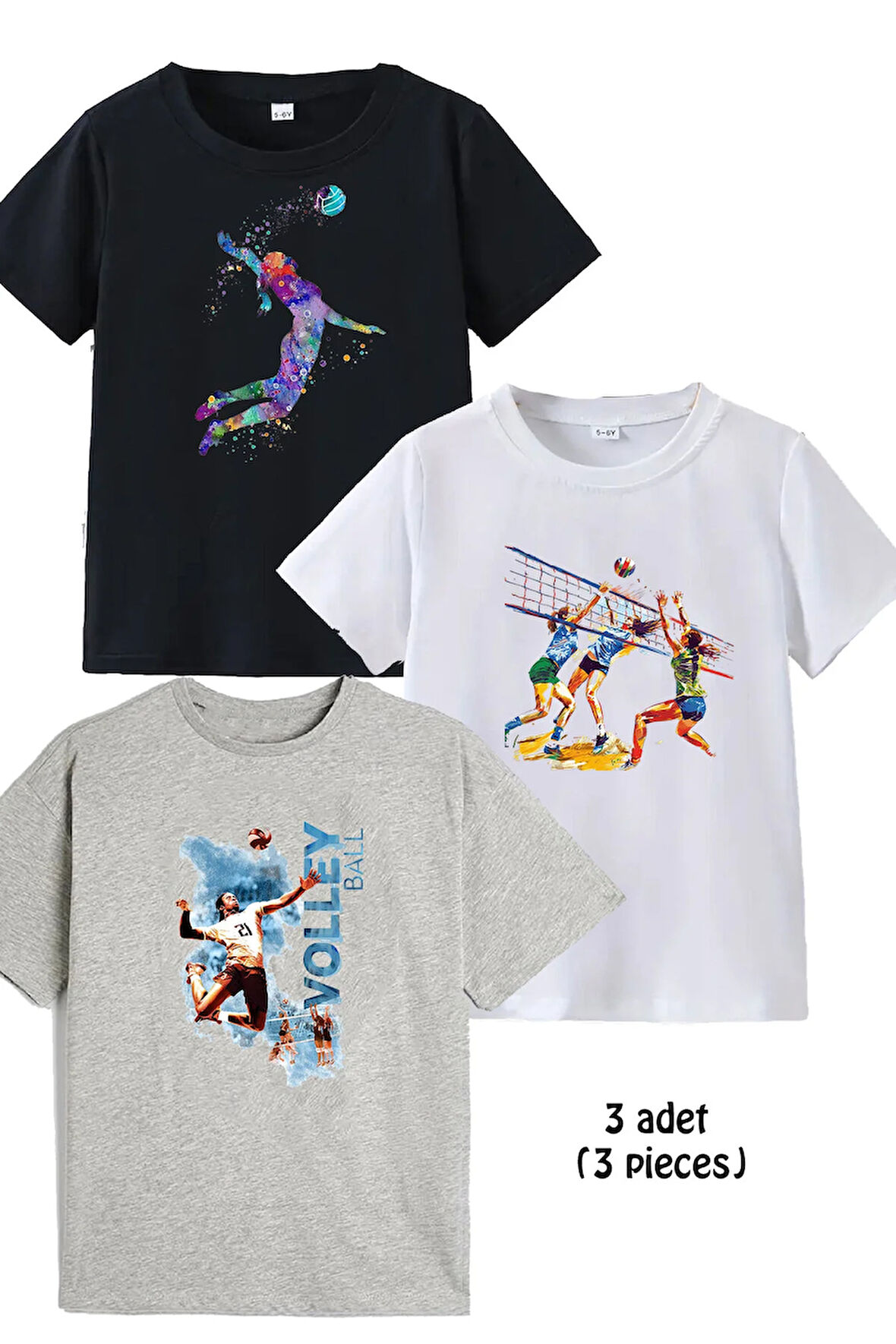 3lü Pamuk Penye Kız Çocuk Baskılı Tshirt Tişört 5 6 7 8 9 10 11 12 13 14 yaş Voleybol