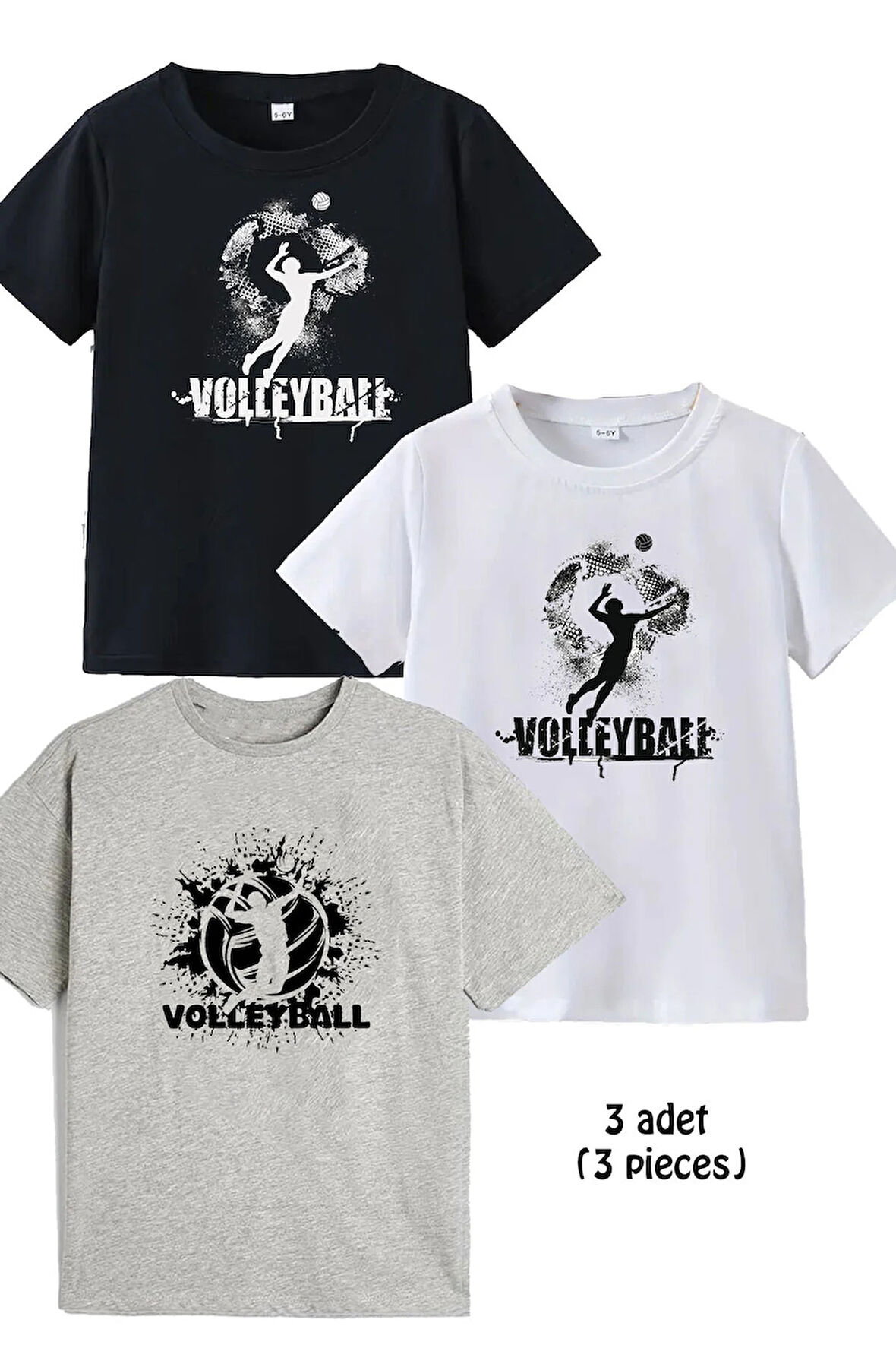 3lü Pamuk Kız Erkek Çocuk Voleyball Baskılı Tshirt Tişört 5 6 7 8 9 10 11 12 13 14 yaş Voleybol