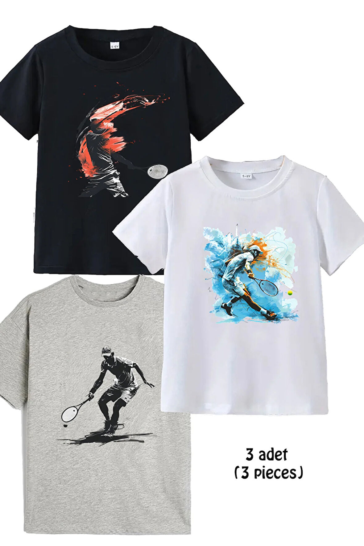 3lü Pamuk Kız Erkek Çocuk Tenniz Baskılı Tshirt Tişört 5 6 7 8 9 10 11 12 13 14 yaş
