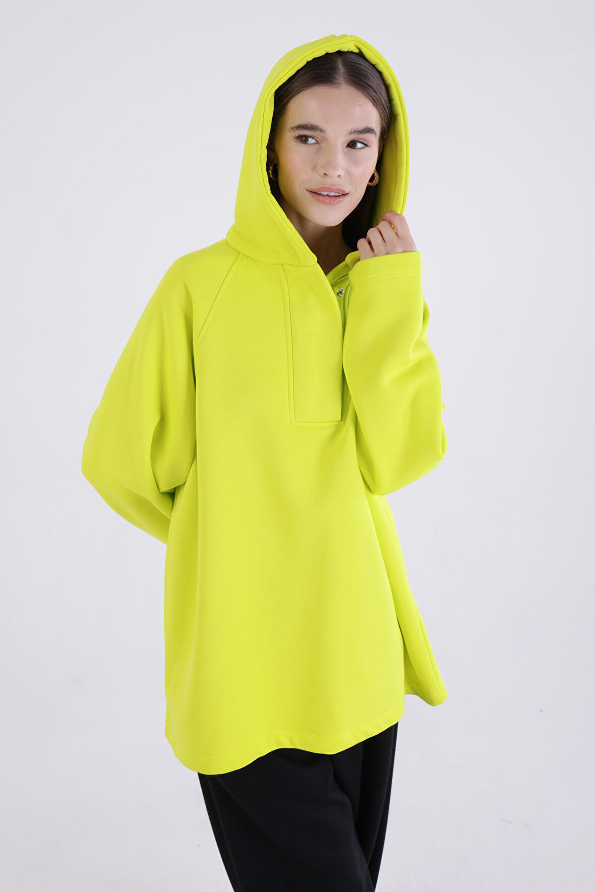 Neon Sarı Oversize Kapüşonlu Şardonlu Sweatshirt