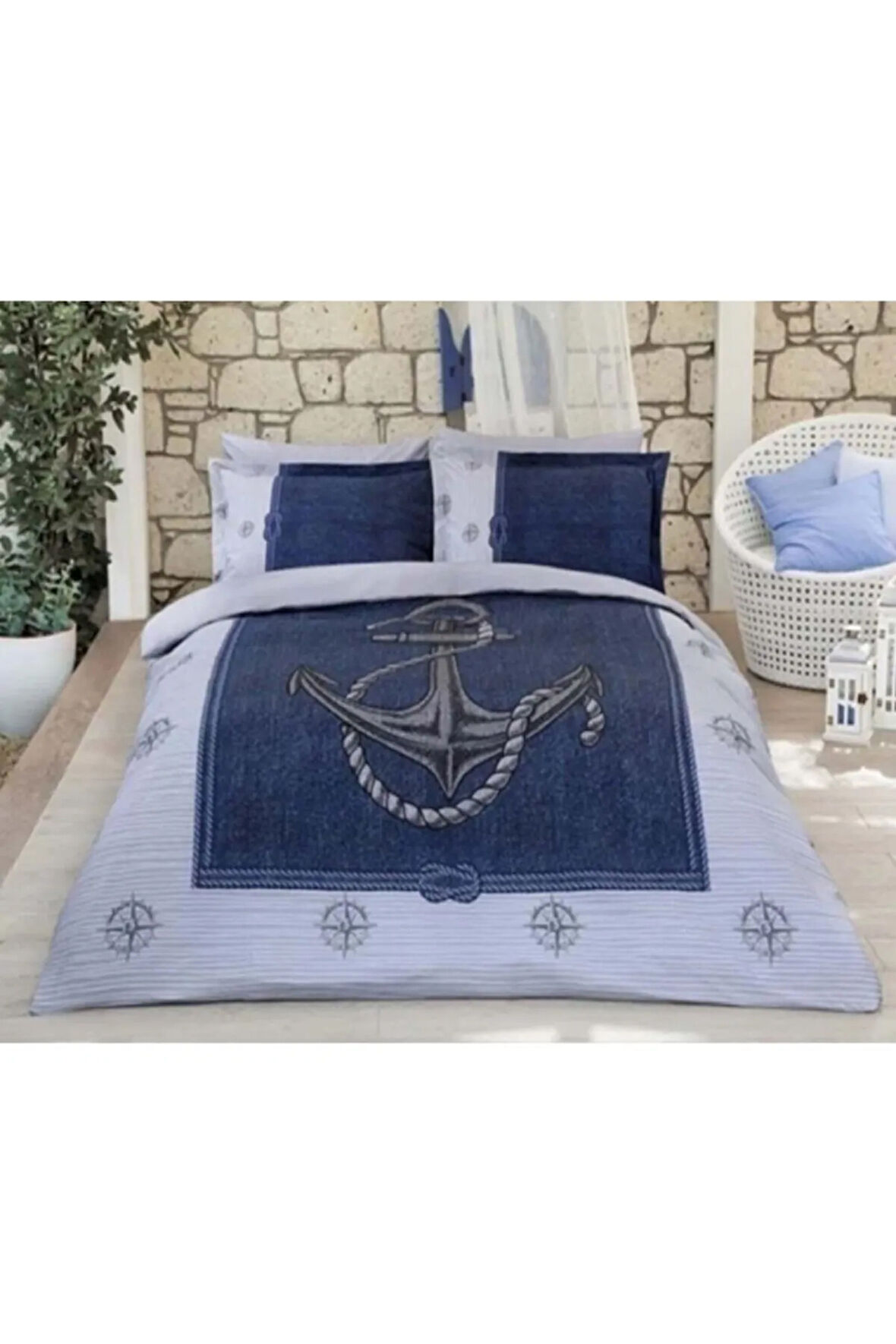 Gri Anchor Denim Tek Kişilik Pike Takımı