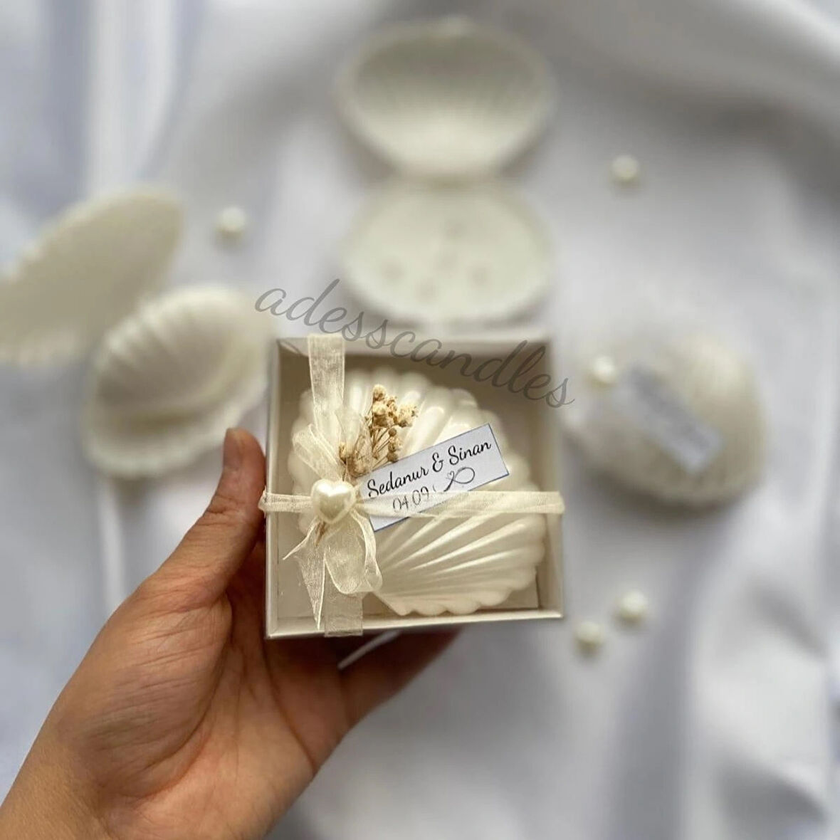 20Adet Kraft Kutu İçerisinde Süslemeli İstiridye Mum,Söz,Kına,Nikah,Nişan,Doğum günü,Düğün Hediyelik