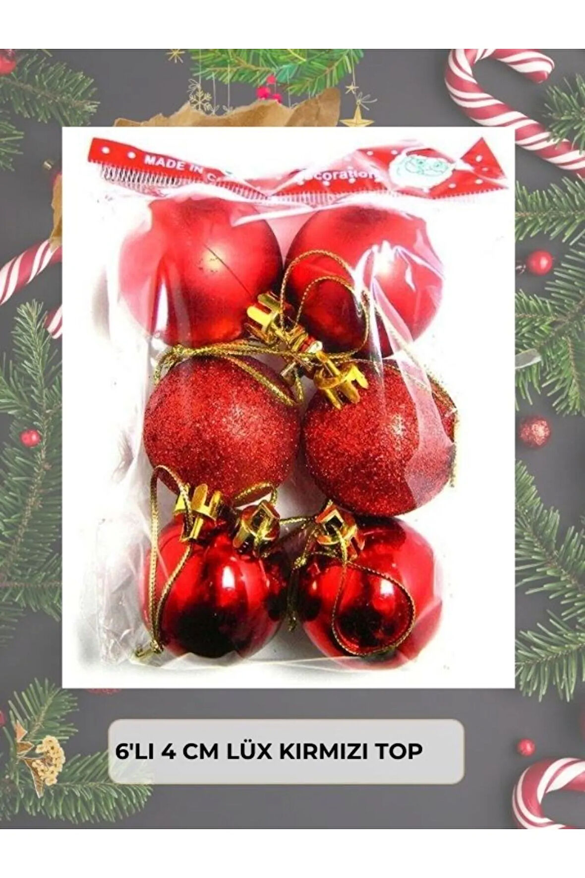 Yılbaşı Çam Ağacı Süsü 6'lI 4 Cm  Lüks Kırmızı Top Yılbaşı Ağaç Süsü 6 Adet