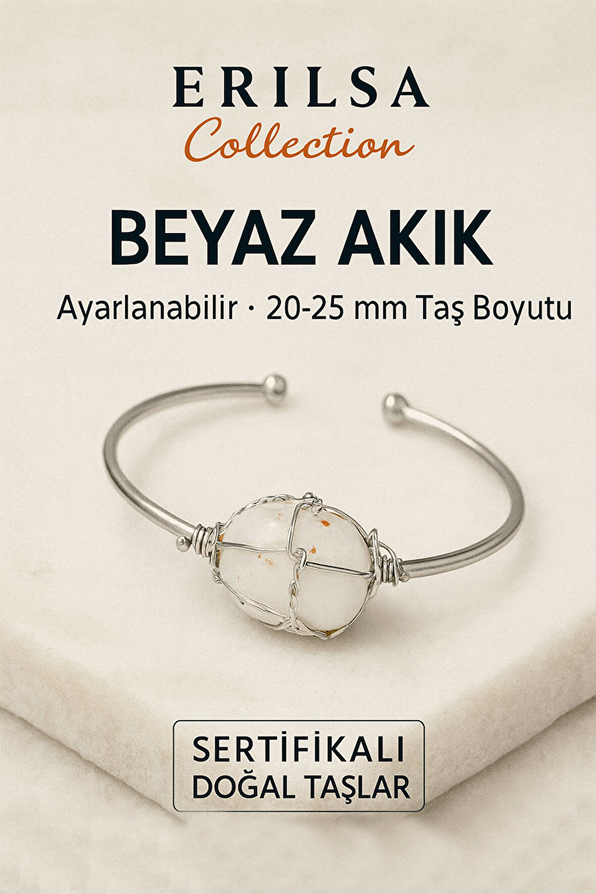 Sertifikalı Doğal Beyaz Akik Taşı Gümüş Kaplama Ayarlanabilir Bileklik – Saflık ve Denge