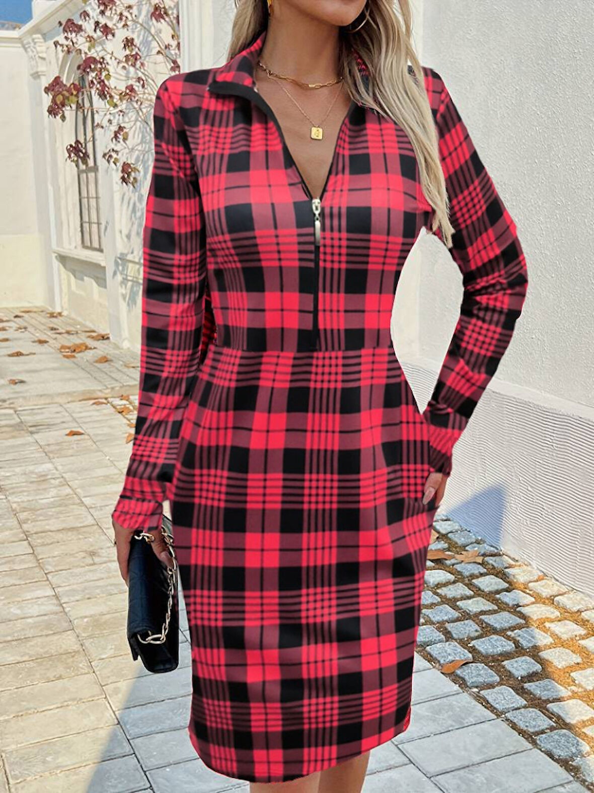 35 AVM Kadın Uzun Kollu Fermuarlı Ekose Baskılı Dalgıç Elbise