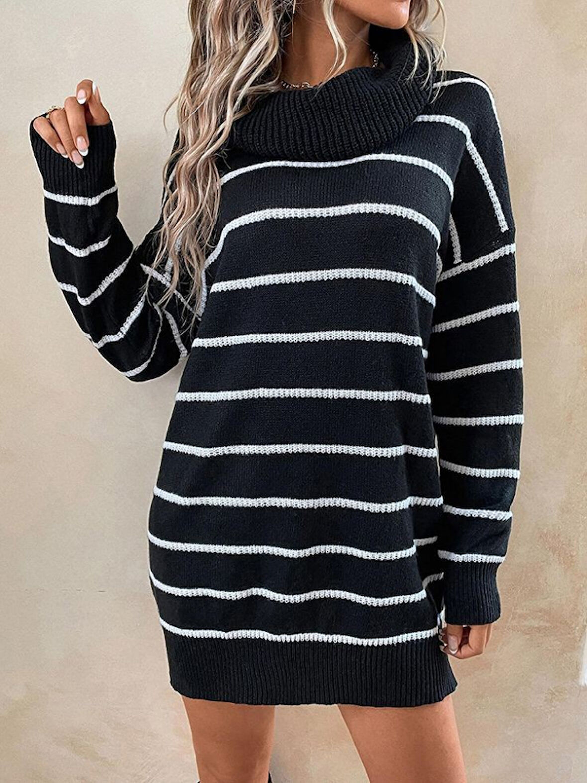 35 AVM Kadın Uzun Kollu Degaje Yaka çizgili Sonya Iplik Mini Boy Triko Elbise (kemersiz)
