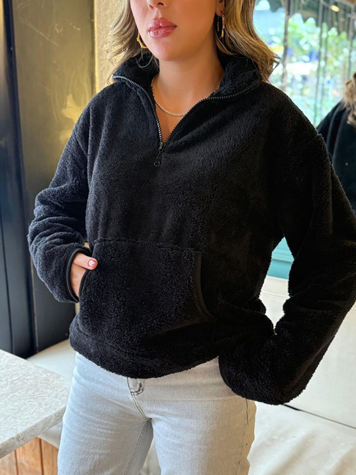 35 AVM Kadın Uzun Kollu önden Fermuarlı Cepli Peluş Sweat