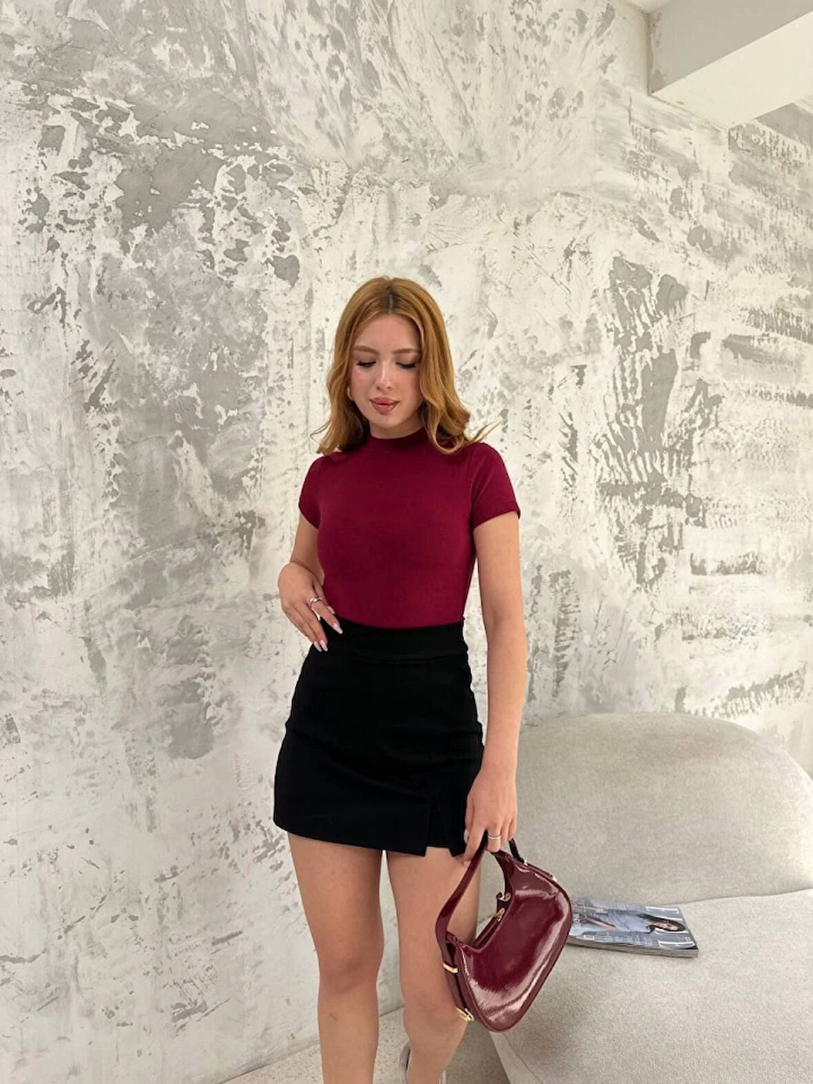 35 AVM Kısa Kol Badi Bluz - Bordo