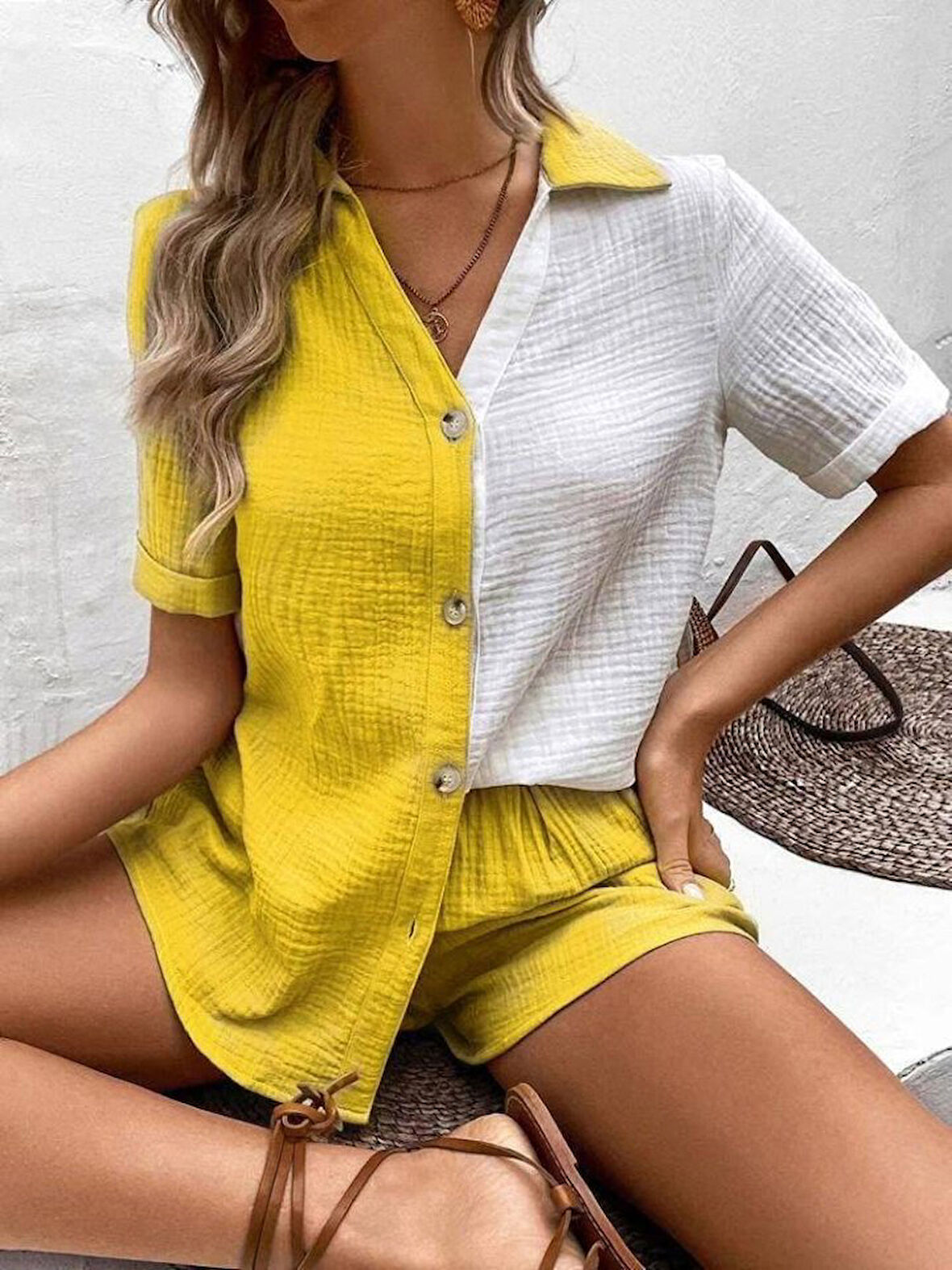 35 AVM Kadın Müslim Keten Kumaş çiftren şort Gömlek Takım