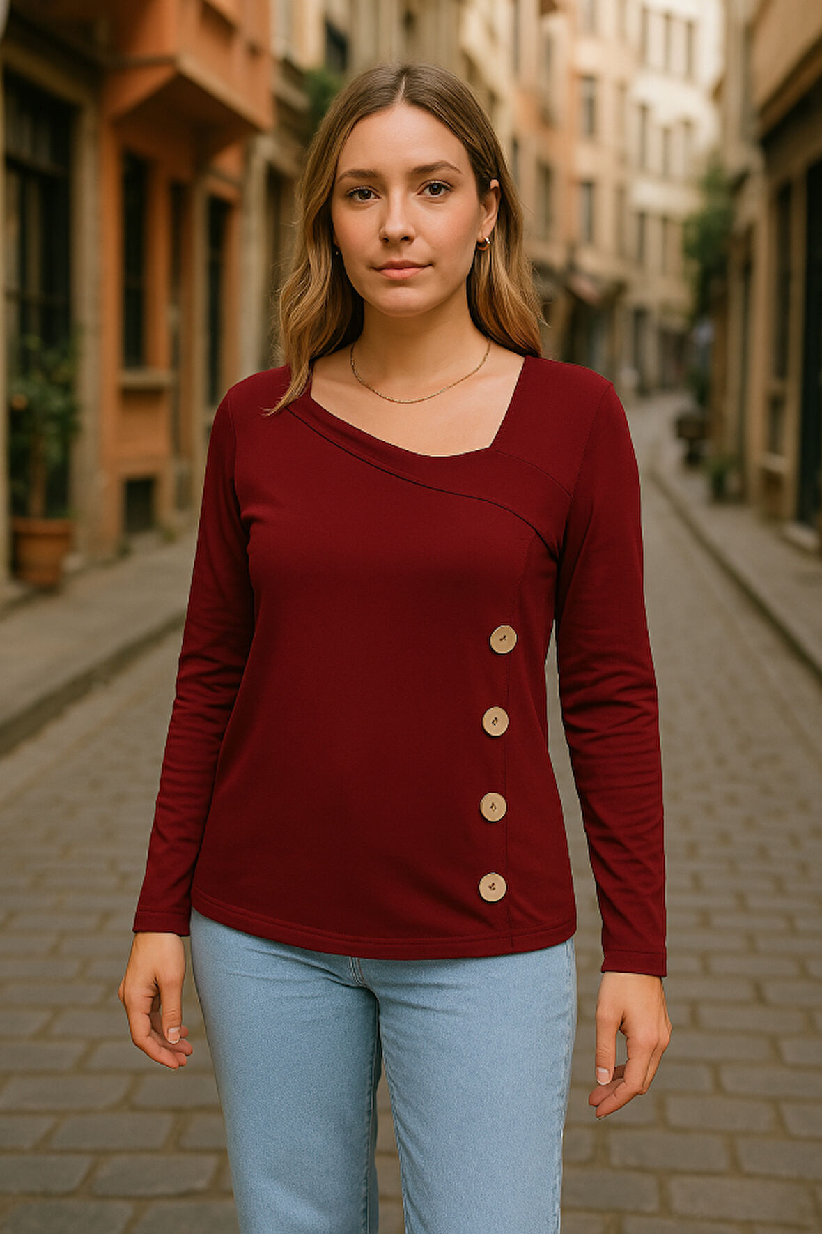 35 AVM Kadın Uzun Kollu Geometrik Yaka Detay Yandan Düğmeli Viskon Iki Iplik Bluz