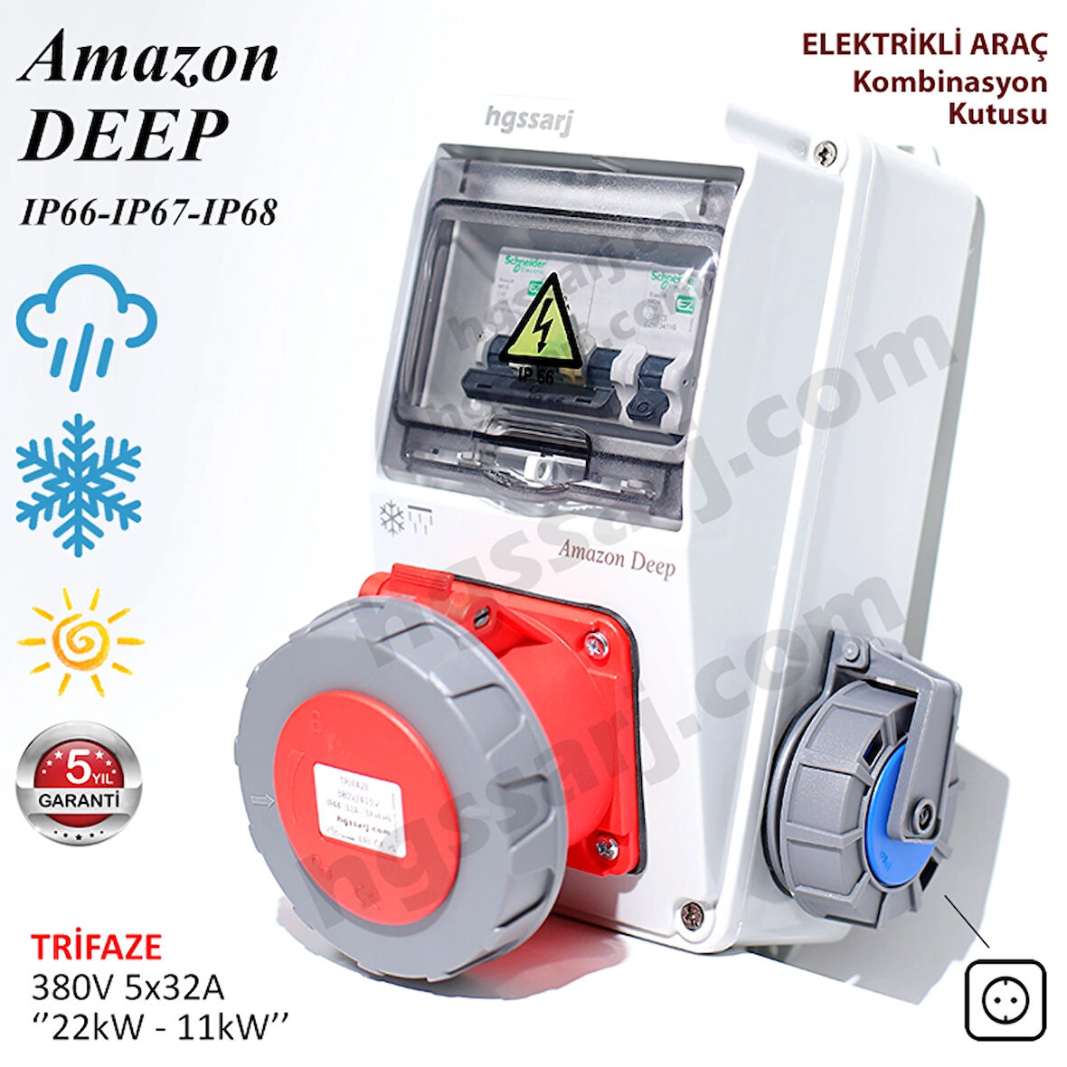 Amazon DEEP, IP66-IP67-IP68, Trifaze Elektrikli Araç Kombinasyon Kutusu, 5x32A + 1x16A - Sigorta Markası Seçeneği - 5 Yıl Garanti