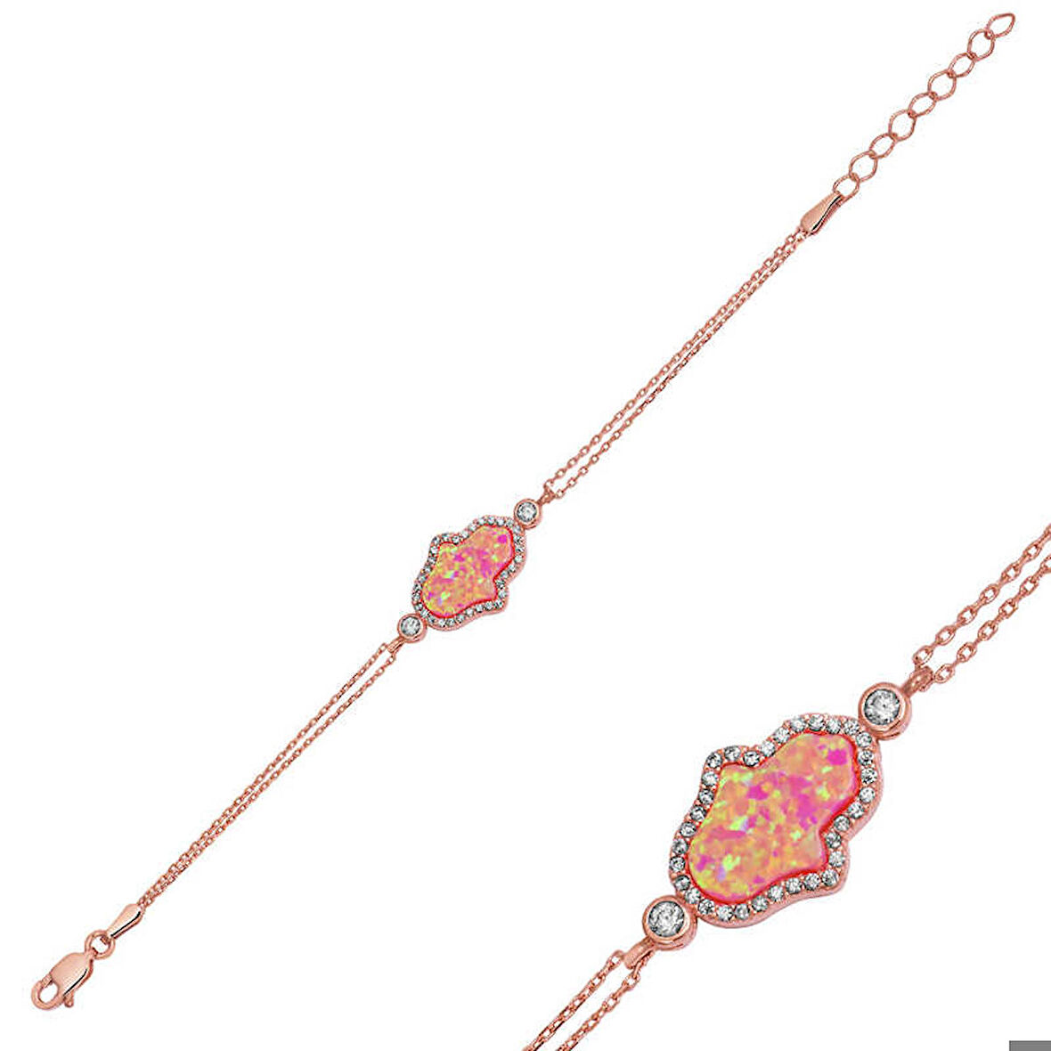Gümüş Rose Pembe Opal Fatma Ana Eli Bayan Bileklik
