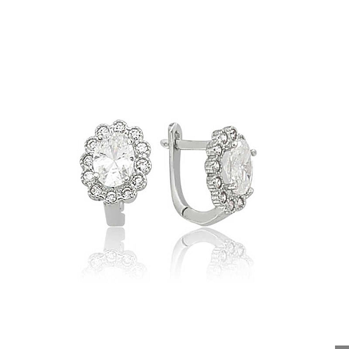 Gümüş Oval Taşlı Çiçek Küpe