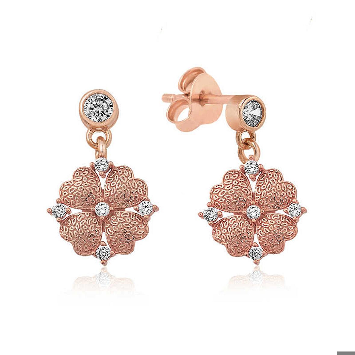 Gümüş Kalp Yapraklı Çiçek Küpe