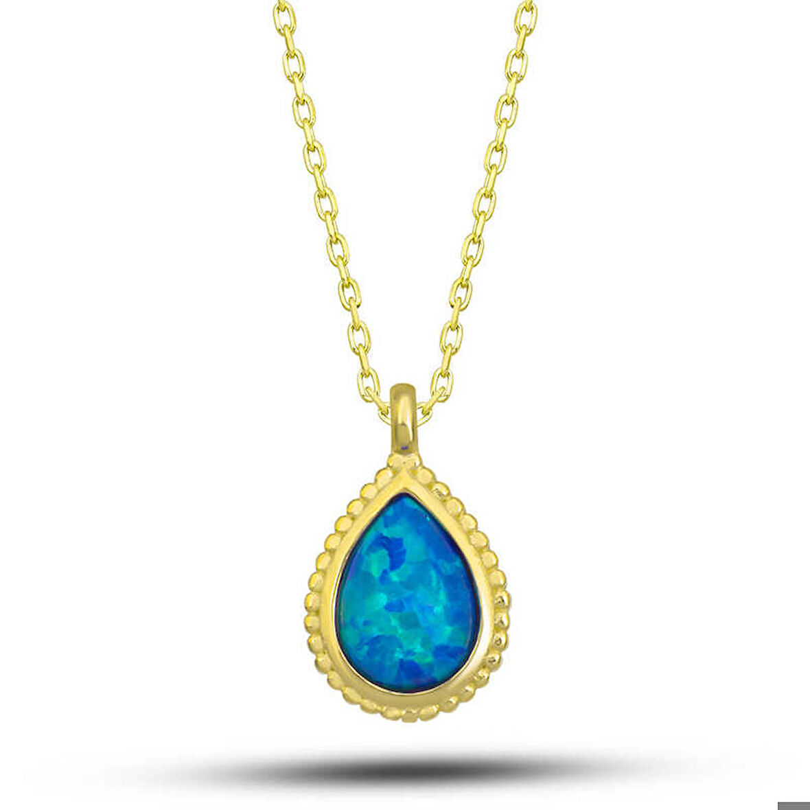 Gümüş Gold Damla Mavi Opal Taşlı Kadın Kolye