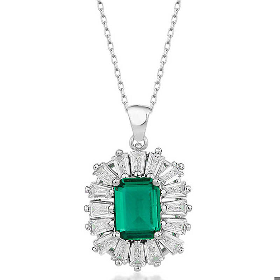 Gümüş Elmas Montür Zümrüt Taşlı Kadın Kolye