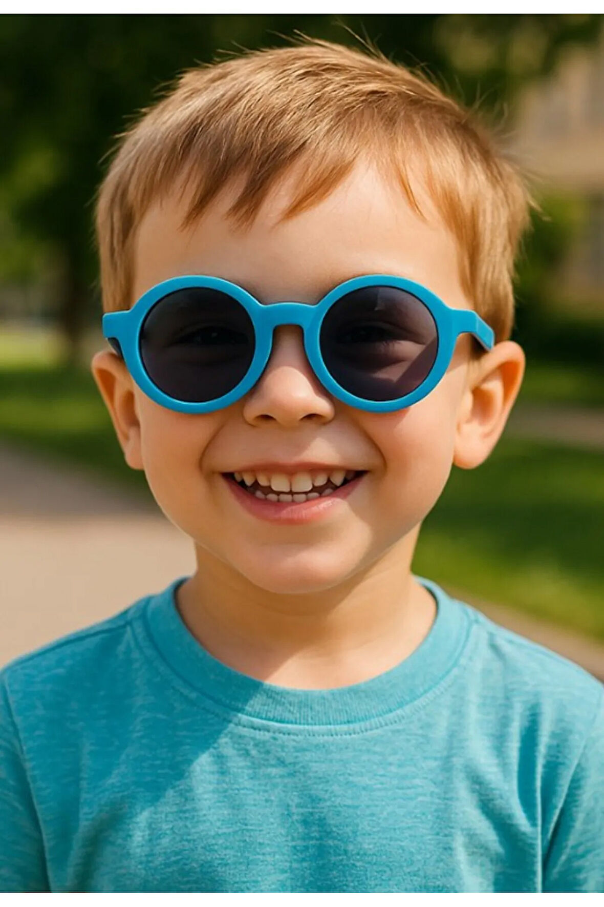 Sevimli Çocuk Güneş Gözlüğü Mavi Yuvarlak Çerçeve UV 400 Korumalı CE Belgeli Kids Çocuk Güneş Gözlk