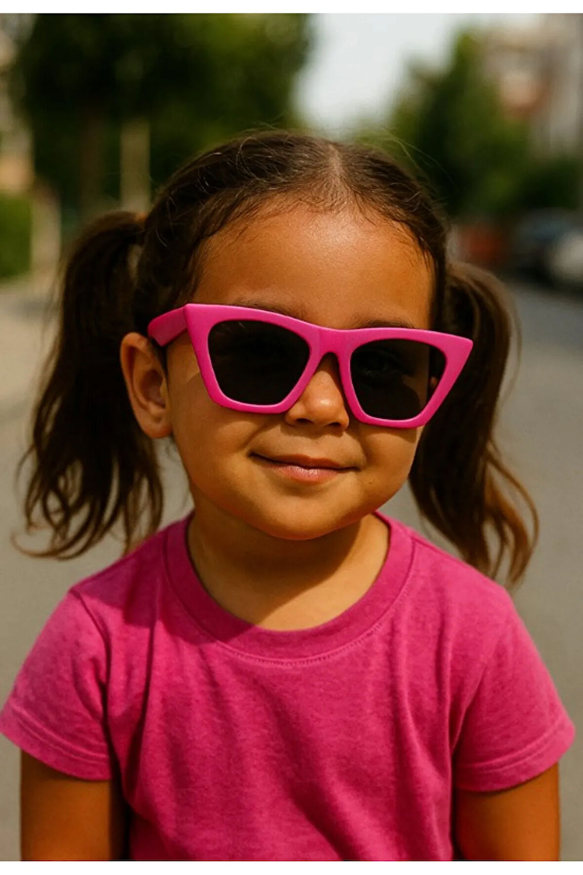 Sevimli Çocuk Güneş Gözlüğü Fuşya Çekik Çerçeve UV 400 Korumalı CE Belgeli Kids Çocuk Güneş Gözlüğü