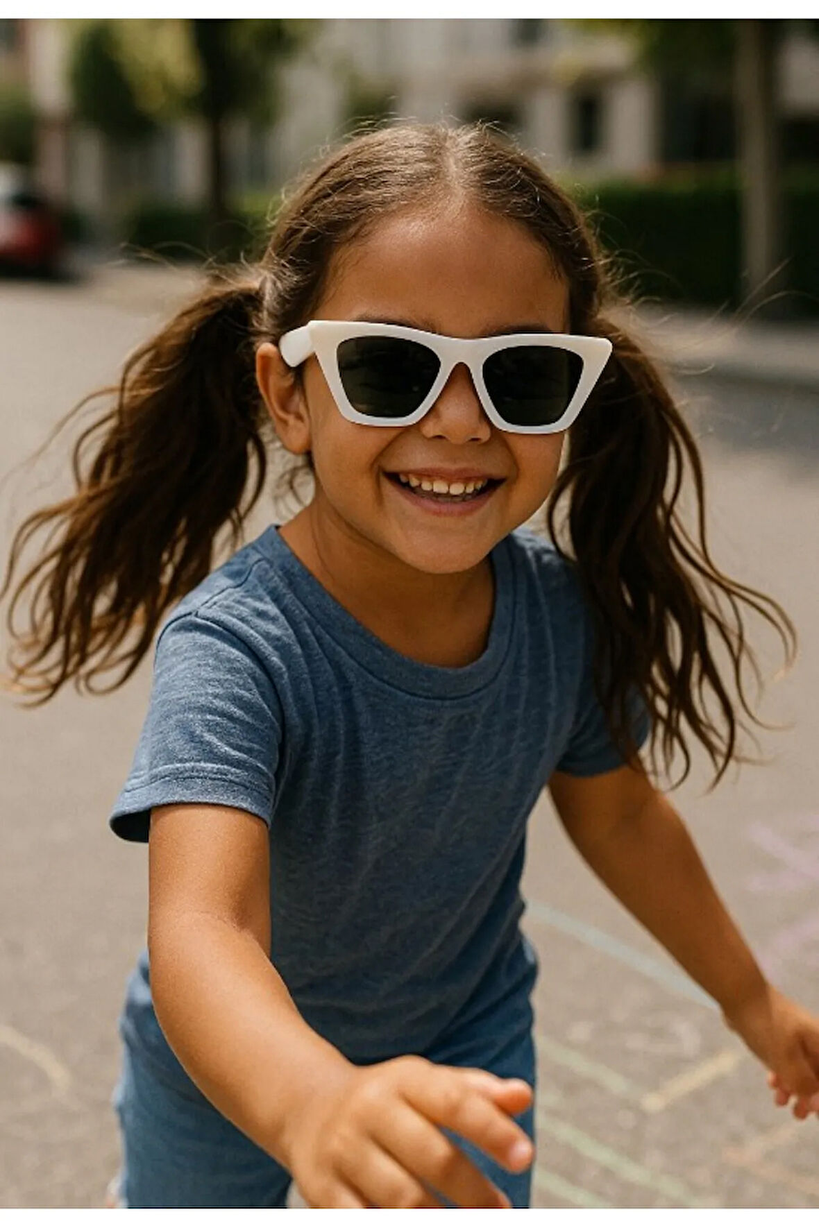 Sevimli Çocuk Güneş Gözlüğü Beyaz Çekik Çerçeve UV 400 Korumalı CE Belgeli Kids Çocuk Güneş Gözlüğü