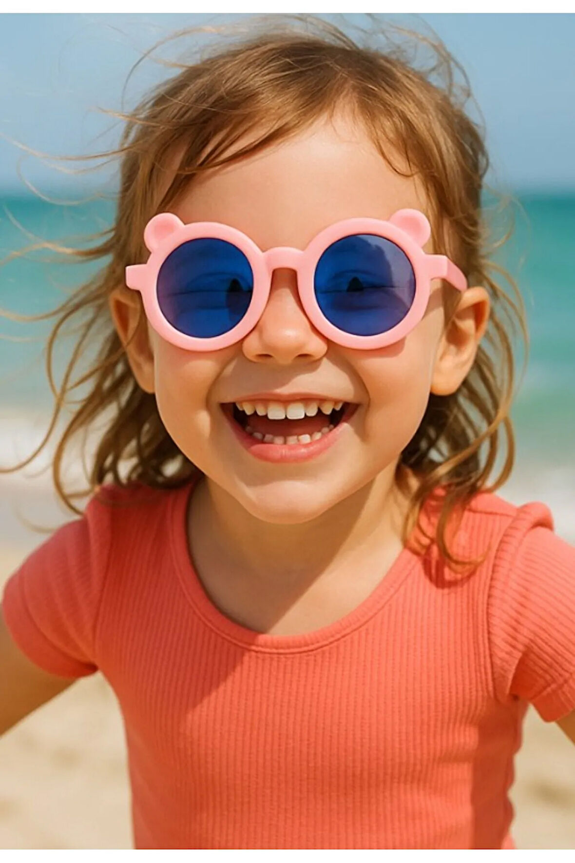 Sevimli Çocuk Güneş Gözlüğü Pembe Ayıcık Çerçeve UV 400 Korumalı CE Belgeli Çocuk Güneş Gözlüğü