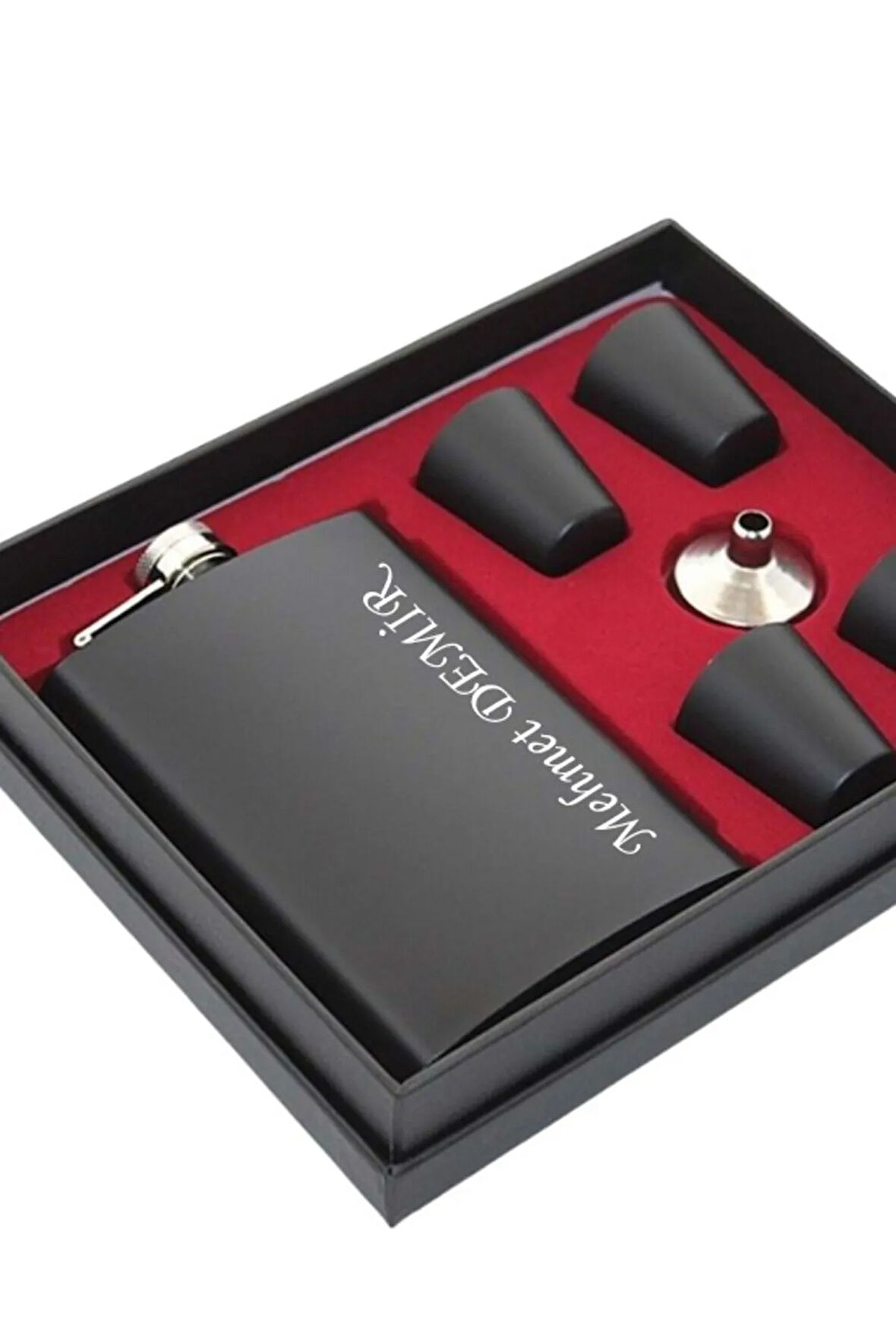 Paslanmaz Çelik Cep Matarası Kişiye Özel Çelik Matara Hediye Seti Siyah İçecek Matarası 4 Bardaklı