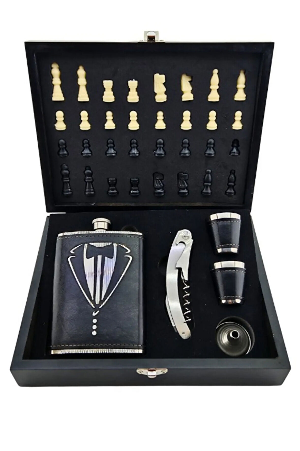 Deri Kaplamalı Çelik Matara ve Çakı Hediye Seti 4 Shot Bardak Özel Ahşap Kutusunda Satranç Takımı
