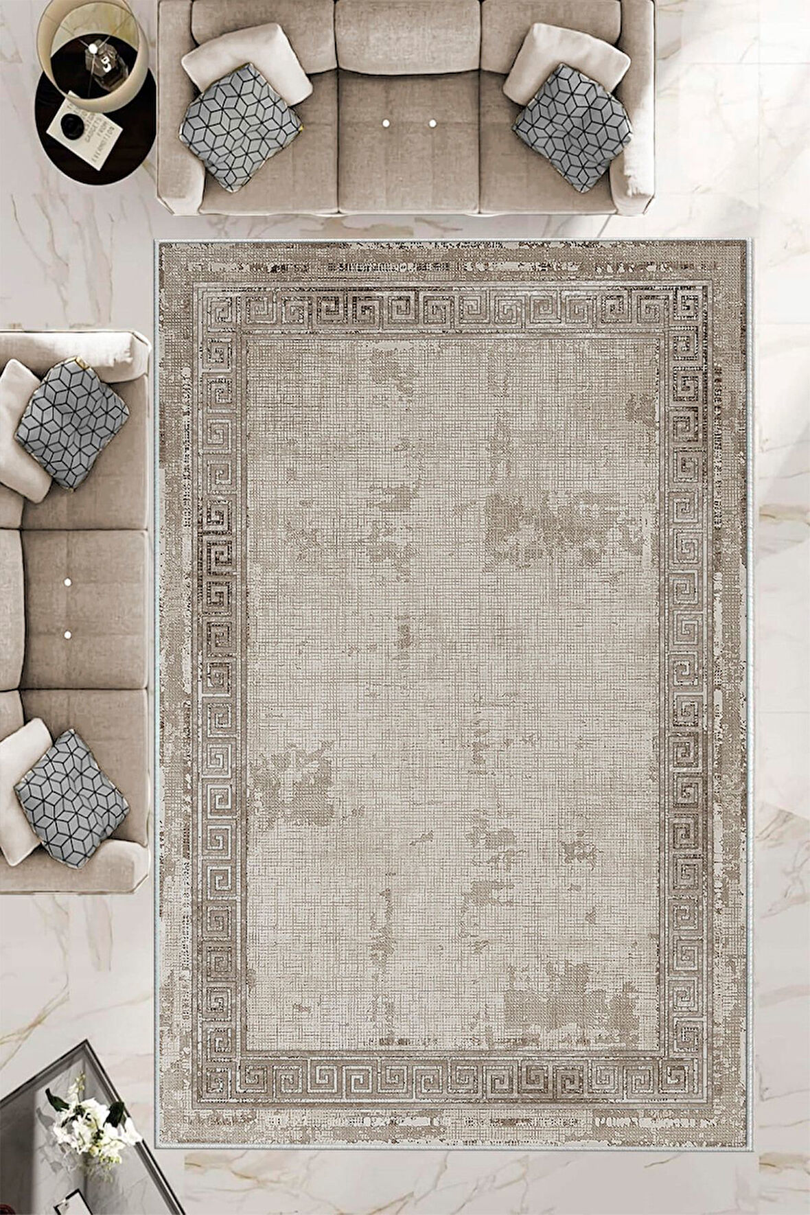 Bej-Vizon Dot Keçe Kaymaz Taban Vintage Salon Saçaksız Halı B1196