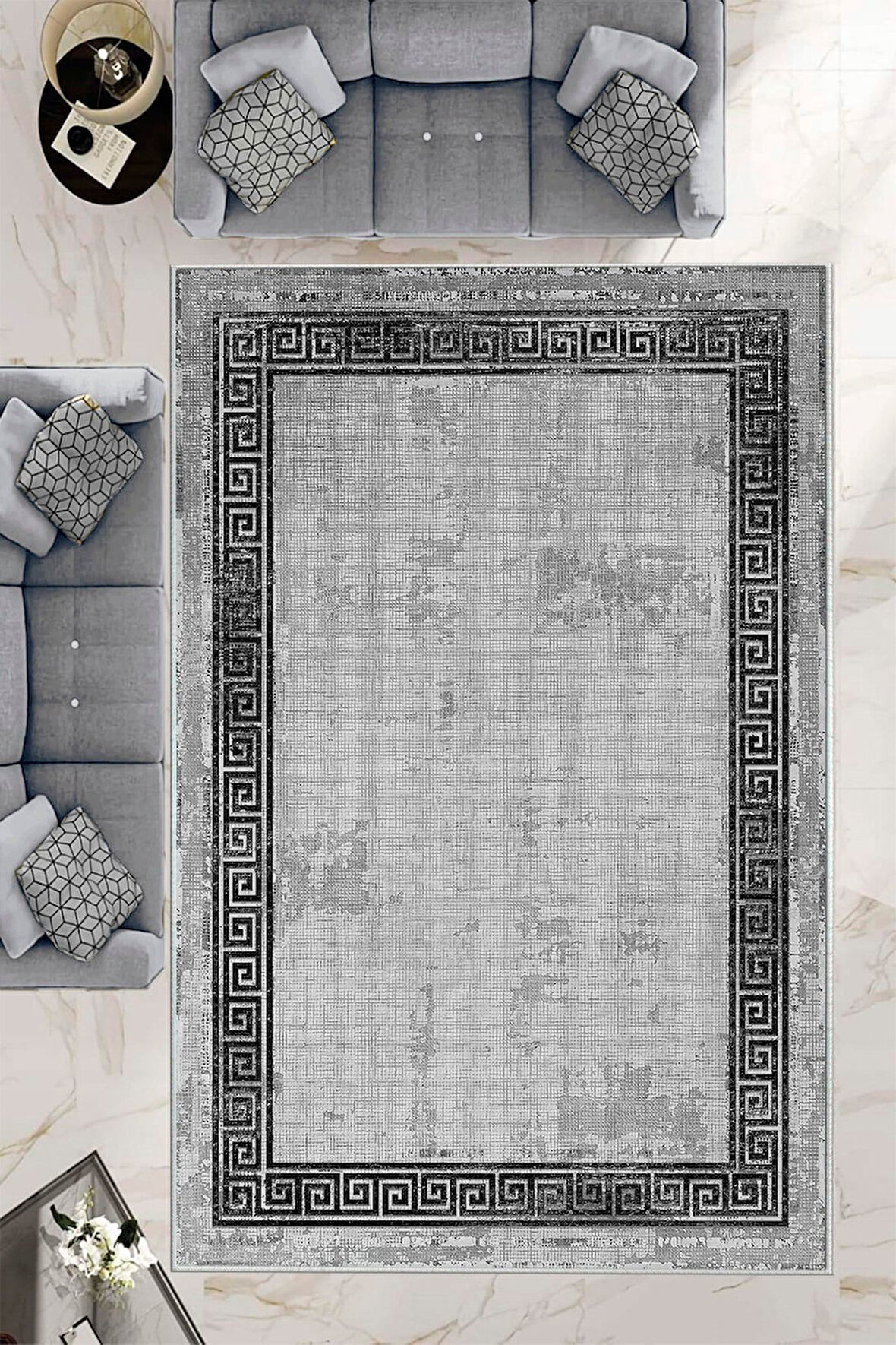 Gri Dot Keçe Kaymaz Taban Vintage Versace Salon Saçaksız Halı B1198
