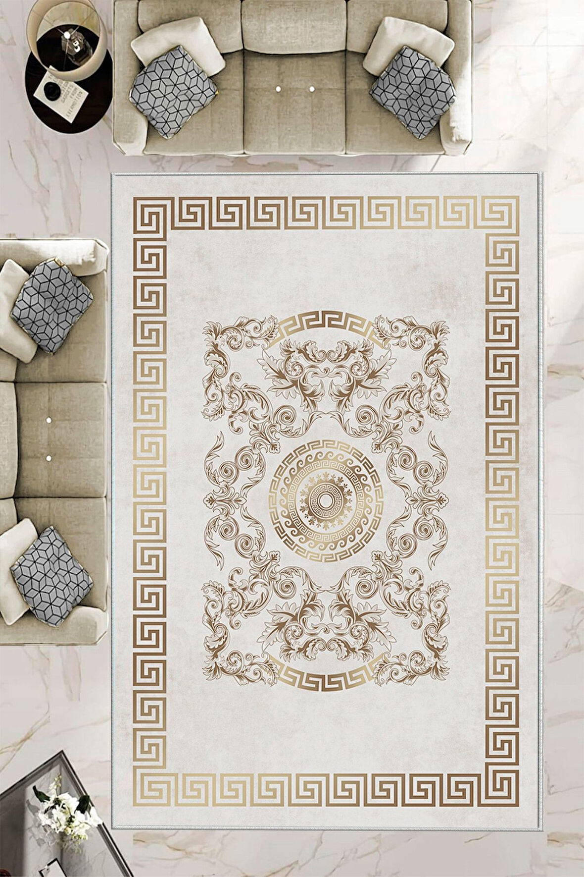 Krem-Gold Dot Keçe Kaymaz Taban Göbekli Salon Saçaksız Halı B1236