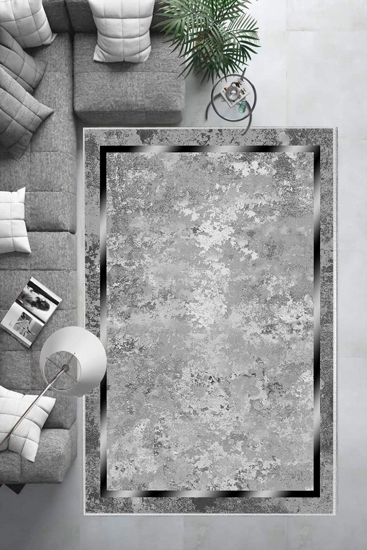 Gri-Gümüş Deko Deri Kaymaz Taban Salon Saçaksız Halı B1245