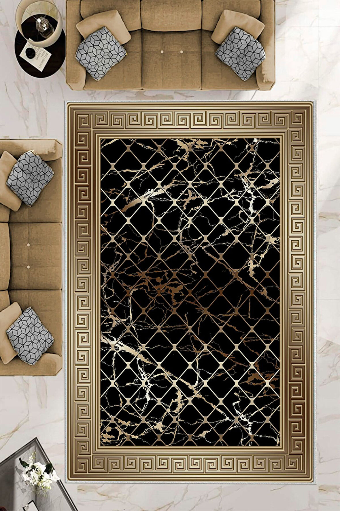 Vizon-Siyah Dot Keçe Kaymaz Taban Versace Salon Saçaksız Halı B1277-1