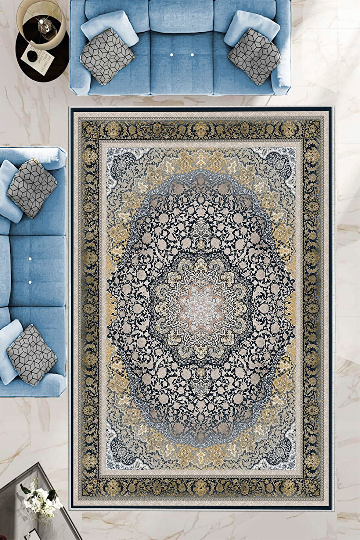Lacivert Dot Keçe Kaymaz Taban Göbekli Salon Saçaksız Halı E4154