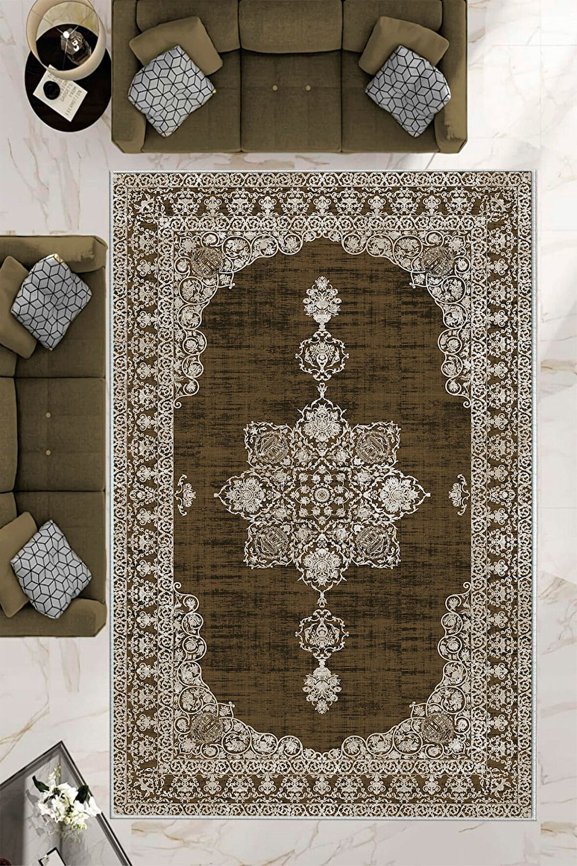 Kahverengi Dot Keçe Kaymaz Taban Göbekli Salon Saçaksız Halı E4160