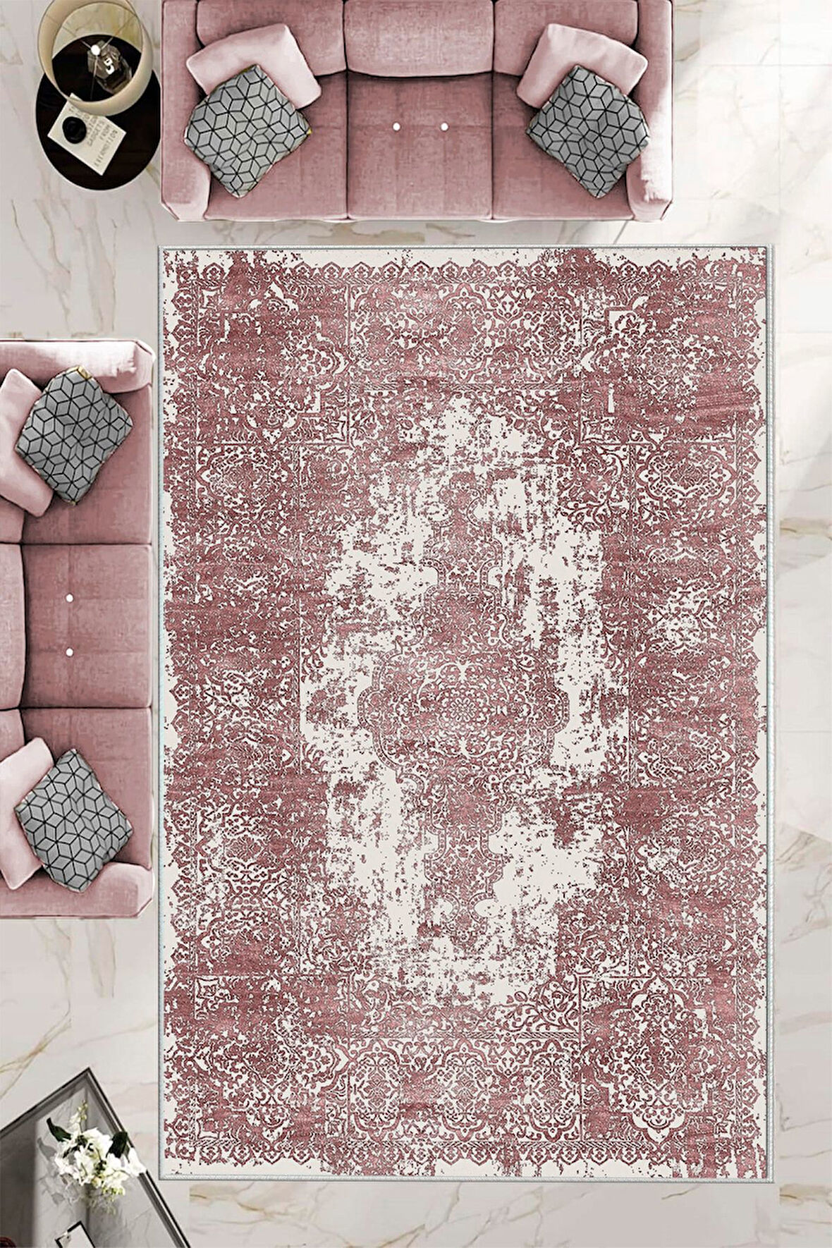 Pembe Dot Keçe Kaymaz Taban Vintage Göbekli Salon Saçaksız Halı E4172