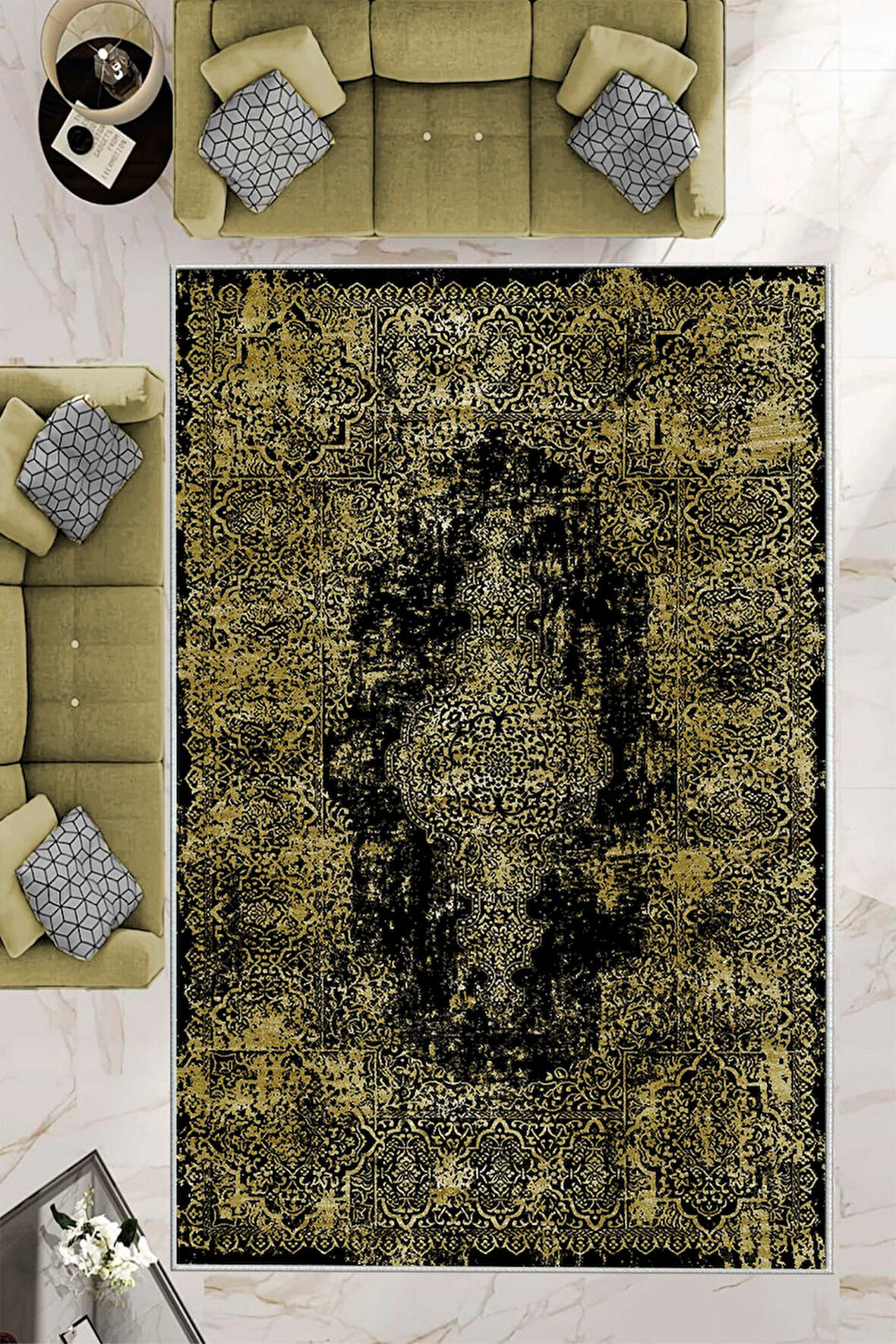 Gold Dot Keçe Kaymaz Taban Vintage Göbekli Salon Saçaksız Halı E4173