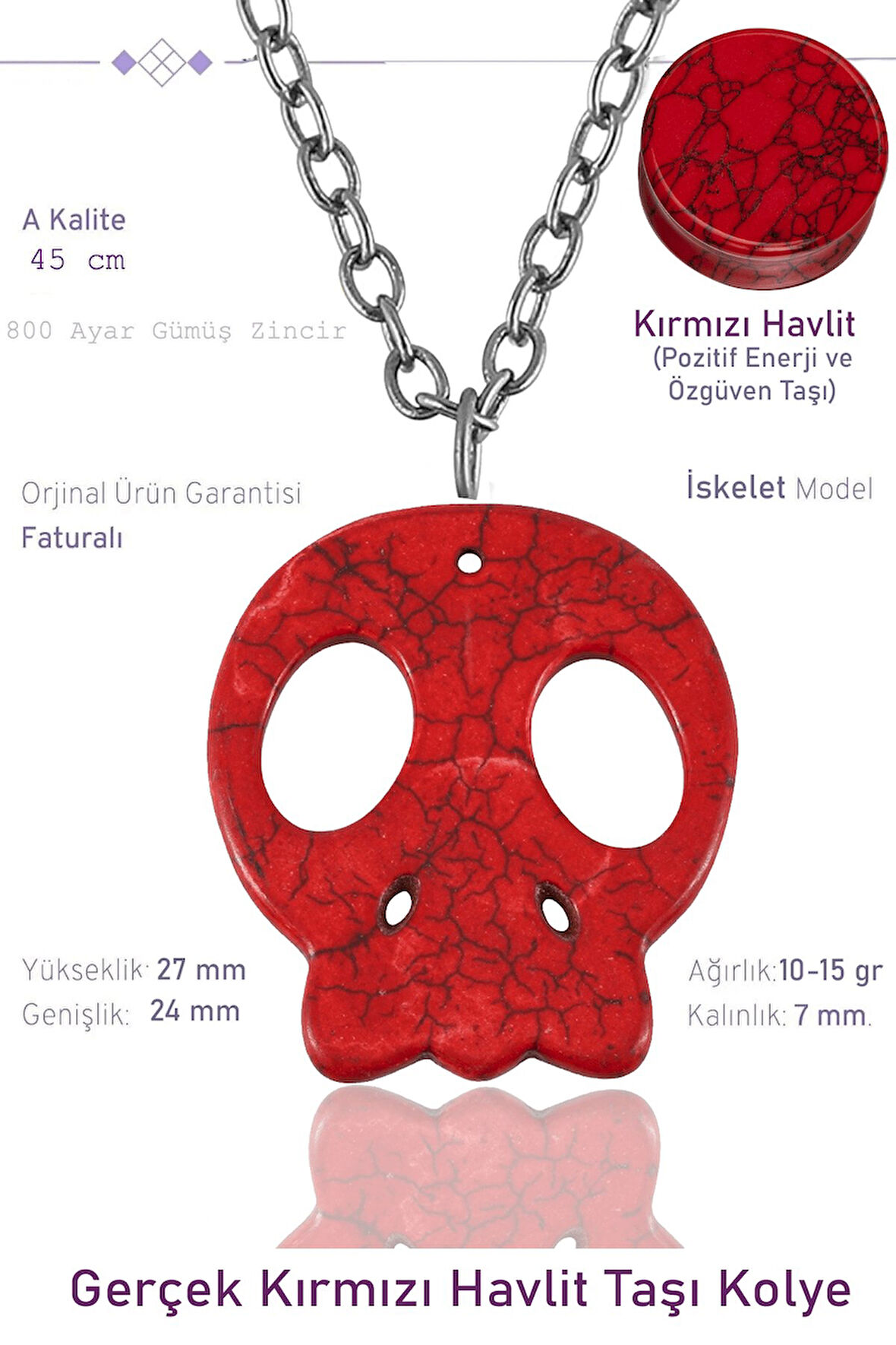 Sertifikalı İskelet Model Kırmızı Havlit Taşı Kolye