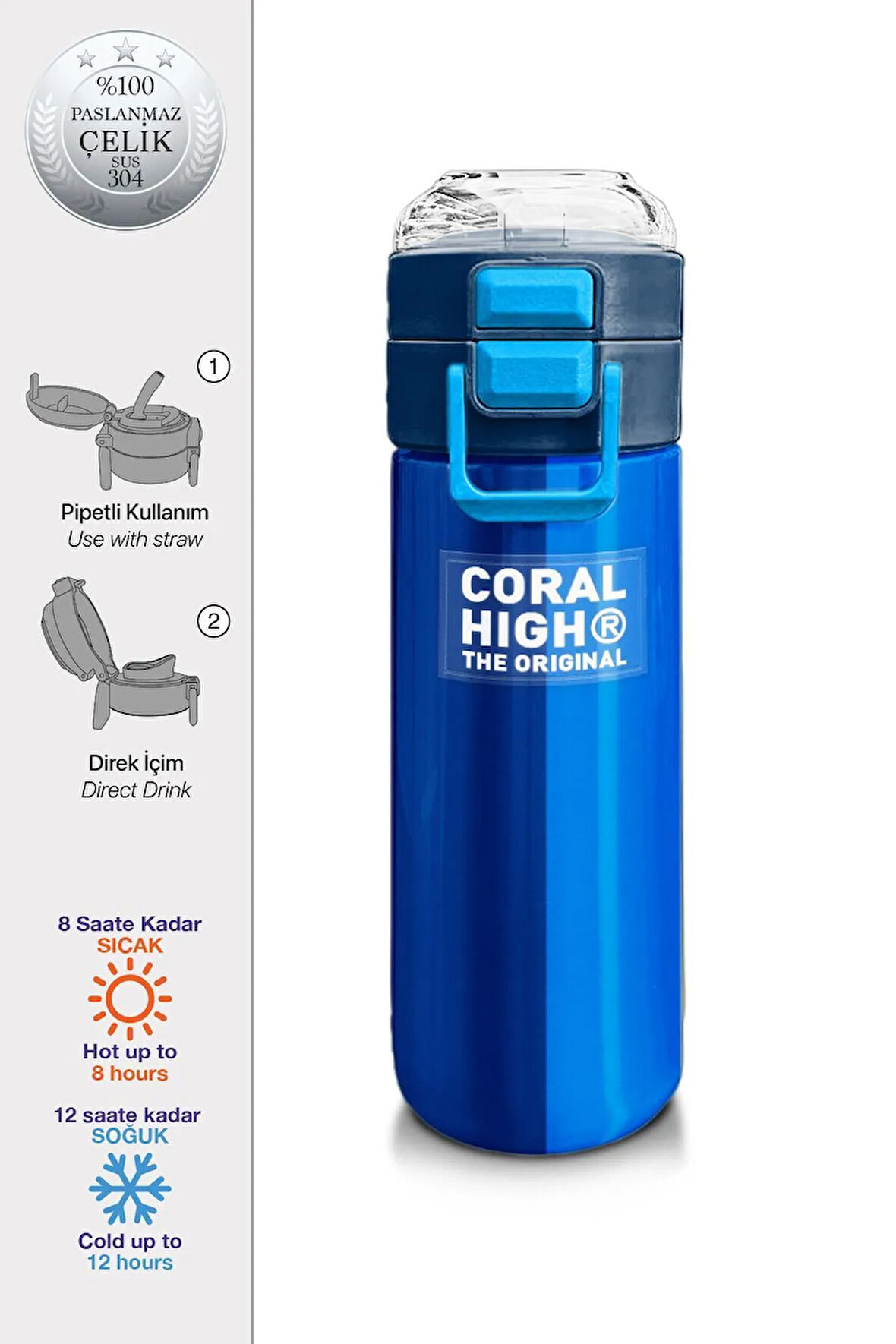 Kids Erkek Desenli Pipetli ve Direkt İçim Çelik Termos 500 ml