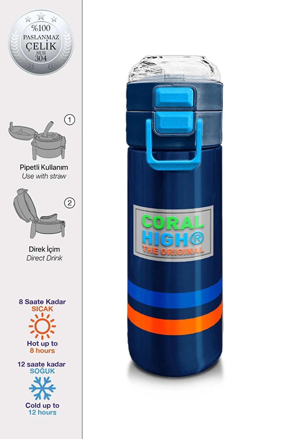 Kids Erkek Desenli Pipetli ve Direkt İçim Çelik Termos 500 ml